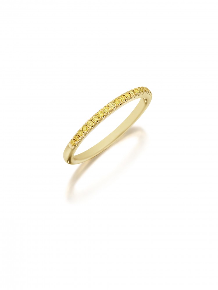 Henri Daussi yellow gold band featuring a single line of round brilliant natural fancy yellow diamonds